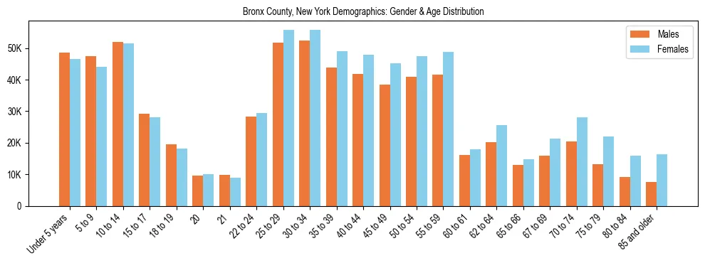 Bar chart showing the population distribution of Bronx County, New York by age group and gender, based on 2023 ACS data.