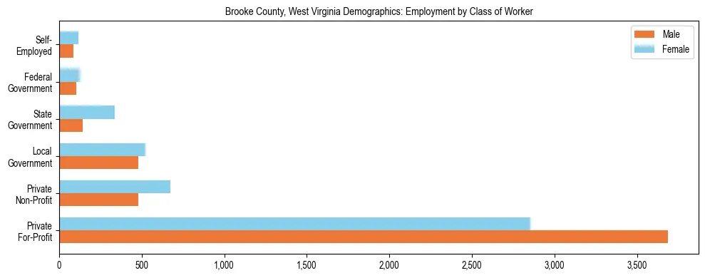 Horizontal bar chart showing employment distribution by class of worker and gender in Brooke County, West Virginia, based on 2023 ACS data.