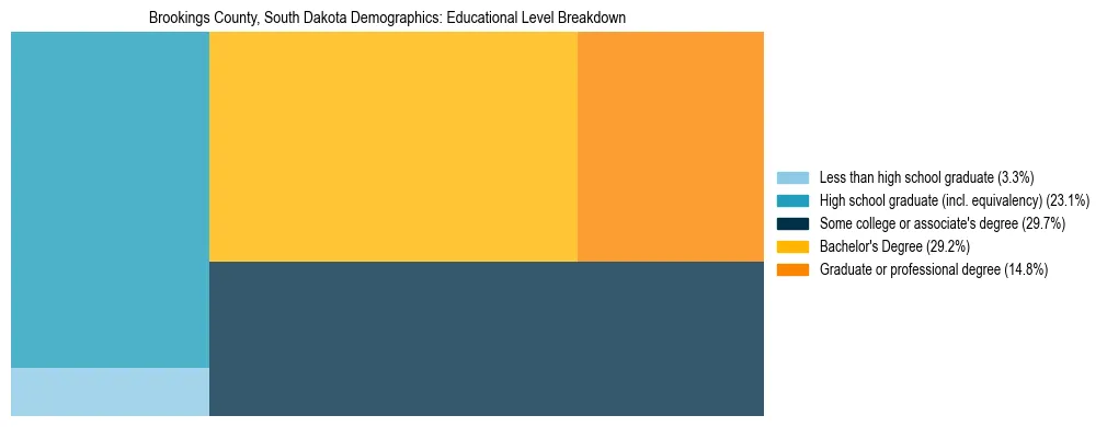 Treemap chart illustrating the educational attainment breakdown for population 25 years and over in Brookings County, South Dakota.