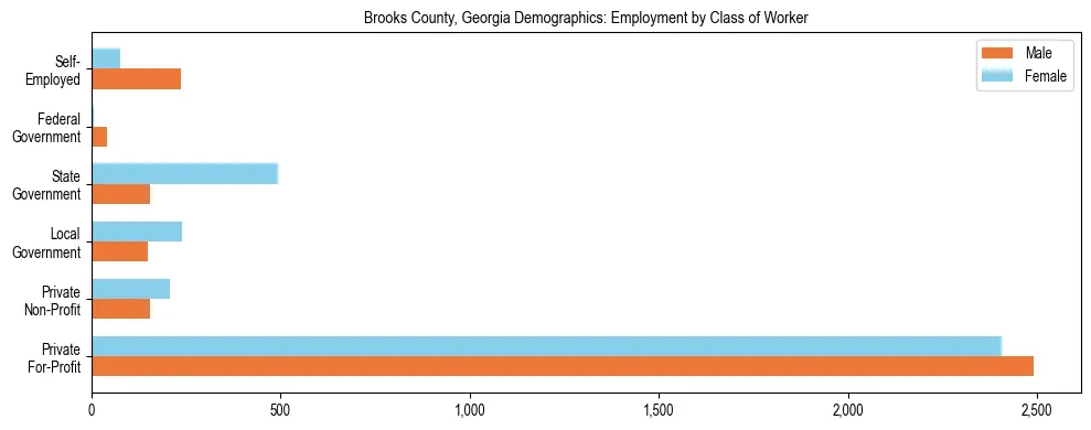 Horizontal bar chart showing employment distribution by class of worker and gender in Brooks County, Georgia, based on 2023 ACS data.