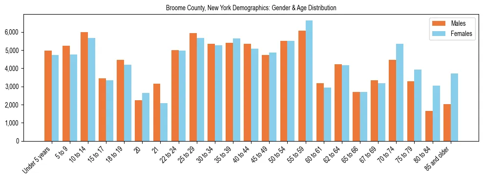 Bar chart showing the population distribution of Broome County, New York by age group and gender, based on 2023 ACS data.