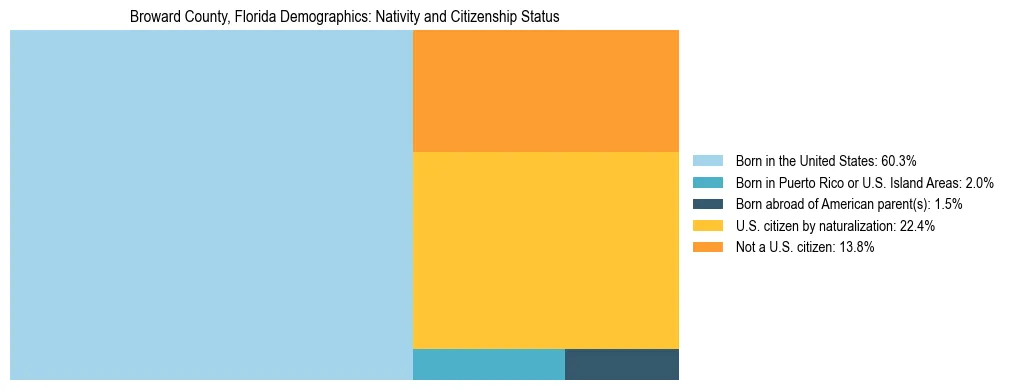 Treemap showing the population distribution by nativity and citizenship status in Broward County, Florida based on U.S. Census data.