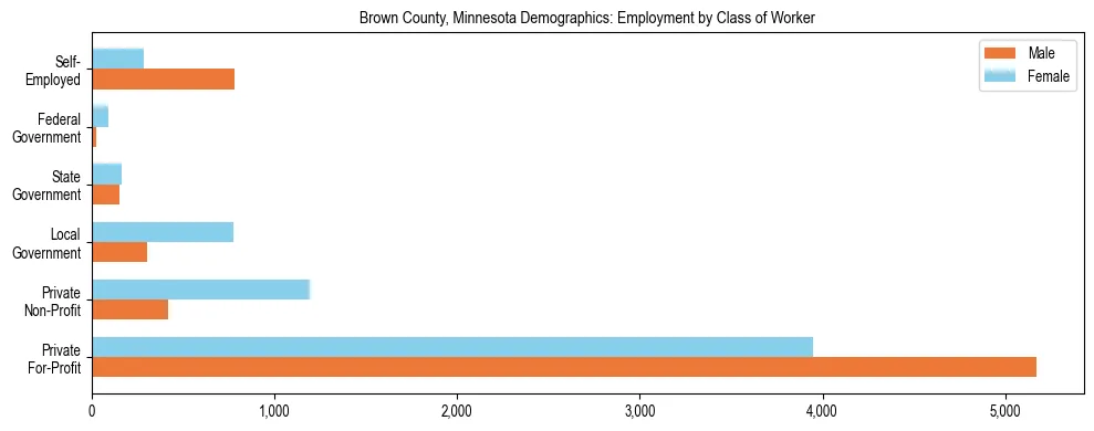 Horizontal bar chart showing employment distribution by class of worker and gender in Brown County, Minnesota, based on 2023 ACS data.