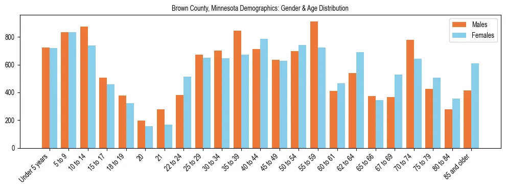 Bar chart showing the population distribution of Brown County, Minnesota by age group and gender, based on 2023 ACS data.
