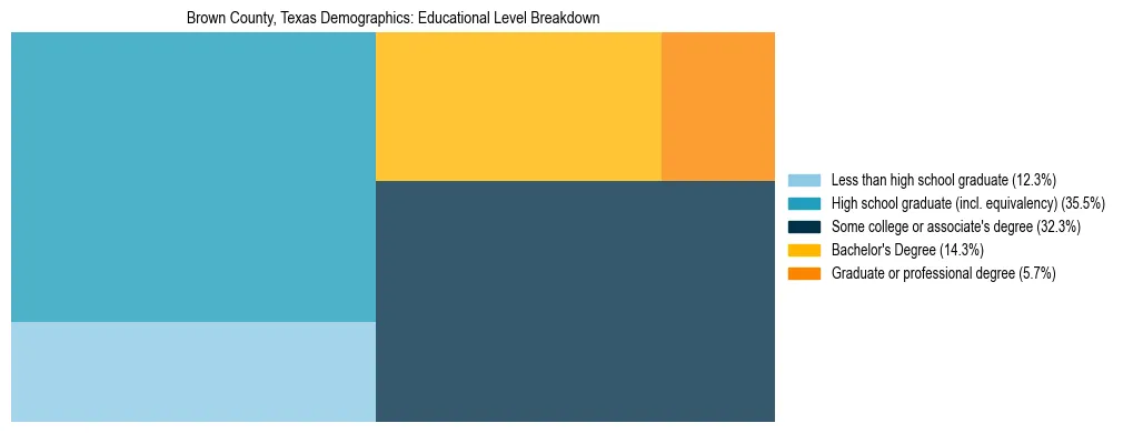 Treemap chart illustrating the educational attainment breakdown for population 25 years and over in Brown County, Texas.