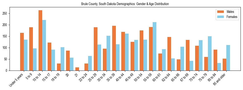 Bar chart showing the population distribution of Brule County, South Dakota by age group and gender, based on 2023 ACS data.