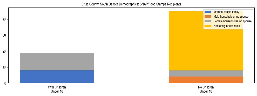 Stacked bar chart showing SNAP/Food Stamps recipient household composition by presence of children under 18 in Brule County, South Dakota, based on 2023 ACS data.