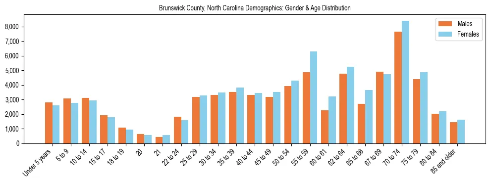 Bar chart showing the population distribution of Brunswick County, North Carolina by age group and gender, based on 2023 ACS data.