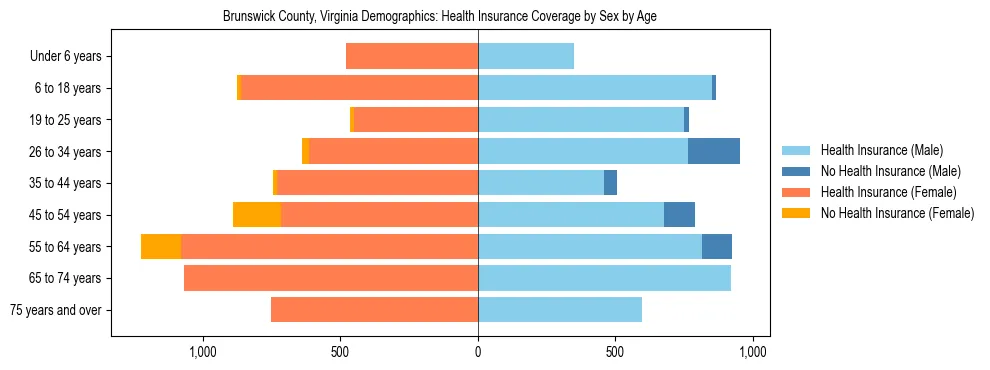Pyramid chart showing health insurance coverage by age and sex in Brunswick County, Virginia.