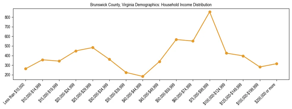 Horizontal bar chart showing household income distribution in Brunswick County, Virginia.