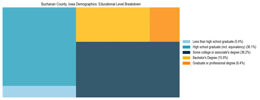 Treemap chart illustrating the educational attainment breakdown for population 25 years and over in Buchanan County, Iowa.
