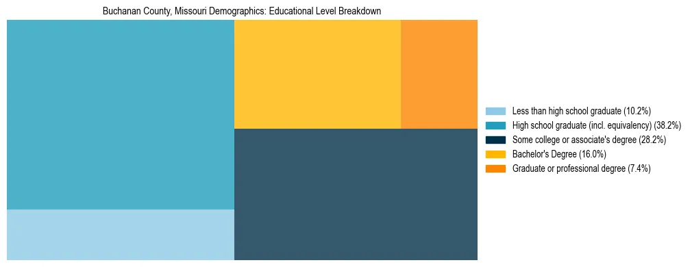 Treemap chart illustrating the educational attainment breakdown for population 25 years and over in Buchanan County, Missouri.
