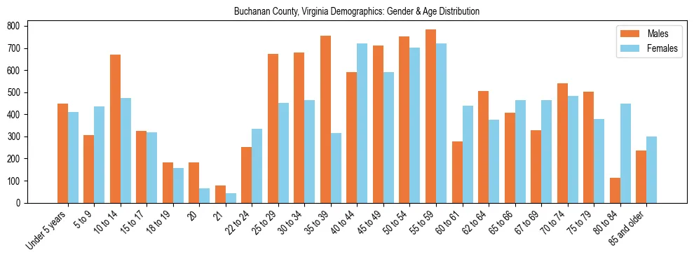 Bar chart showing the population distribution of Buchanan County, Virginia by age group and gender, based on 2023 ACS data.