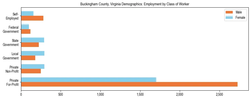 Horizontal bar chart showing employment distribution by class of worker and gender in Buckingham County, Virginia, based on 2023 ACS data.