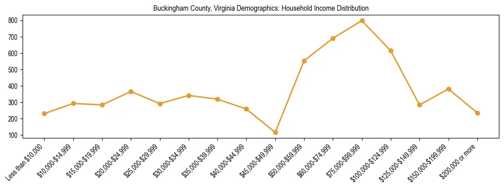 Horizontal bar chart showing household income distribution in Buckingham County, Virginia.