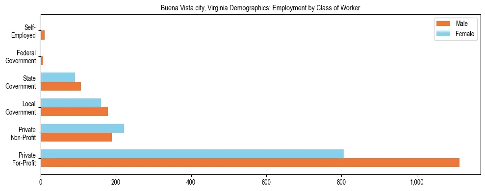 Horizontal bar chart showing employment distribution by class of worker and gender in Buena Vista city, Virginia, based on 2023 ACS data.