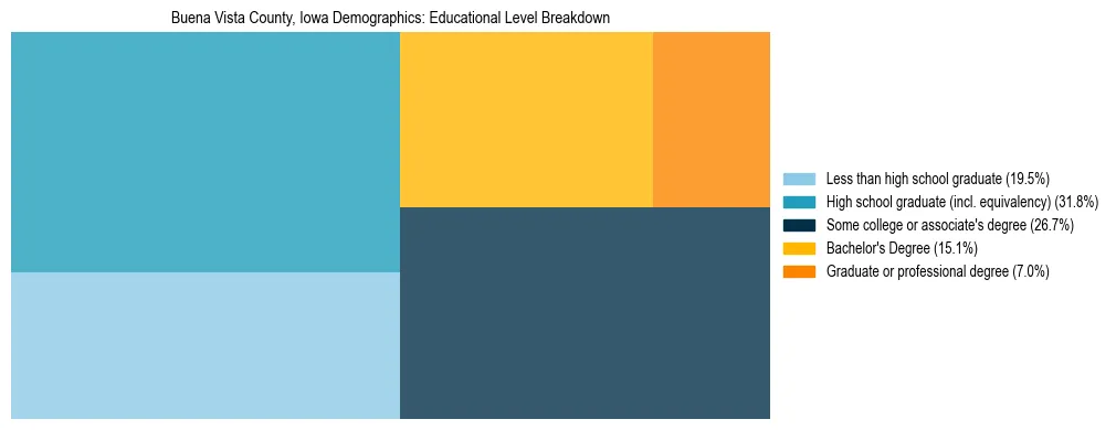 Treemap chart illustrating the educational attainment breakdown for population 25 years and over in Buena Vista County, Iowa.