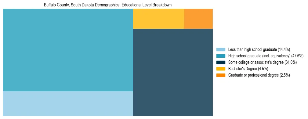 Treemap chart illustrating the educational attainment breakdown for population 25 years and over in Buffalo County, South Dakota.