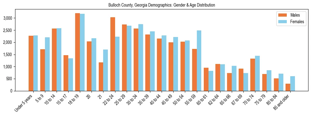 Bar chart showing the population distribution of Bulloch County, Georgia by age group and gender, based on 2023 ACS data.