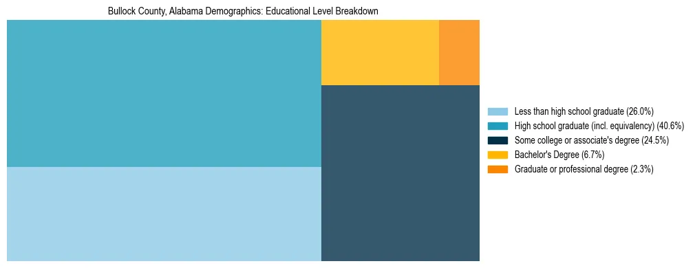Treemap chart illustrating the educational attainment breakdown for population 25 years and over in Bullock County, Alabama.