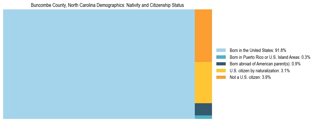 Treemap showing the population distribution by nativity and citizenship status in Buncombe County, North Carolina based on U.S. Census data.
