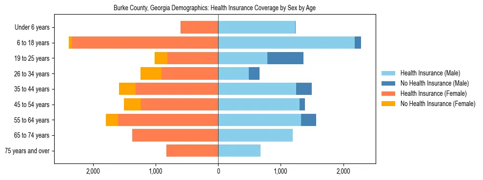 Pyramid chart showing health insurance coverage by age and sex in Burke County, Georgia.