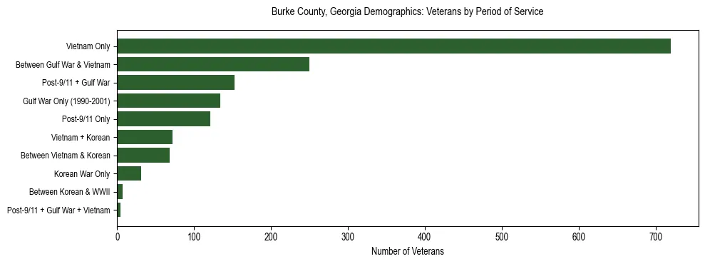 Horizontal bar chart showing veteran distribution by period of military service in Burke County, Georgia, based on 2023 ACS data.