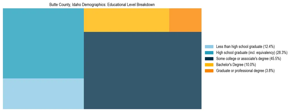 Treemap chart illustrating the educational attainment breakdown for population 25 years and over in Butte County, Idaho.