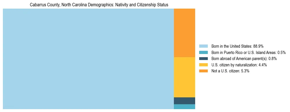 Treemap showing the population distribution by nativity and citizenship status in Cabarrus County, North Carolina based on U.S. Census data.