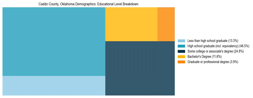 Treemap chart illustrating the educational attainment breakdown for population 25 years and over in Caddo County, Oklahoma.