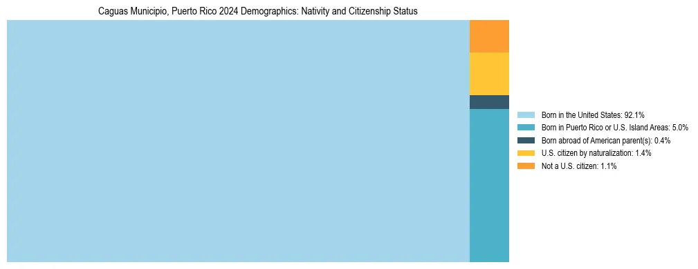 Treemap showing the population distribution by nativity and citizenship status in Caguas Municipio, Puerto Rico based on U.S. Census data.