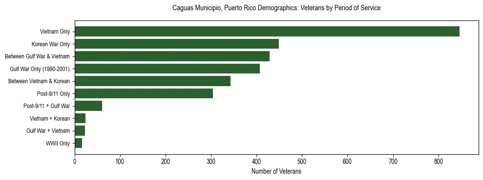 Bar chart showing the distribution of veterans by period of military service in Caguas Municipio, Puerto Rico based on 2023 ACS data.