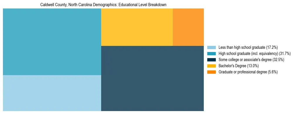 Treemap chart illustrating the educational attainment breakdown for population 25 years and over in Caldwell County, North Carolina.