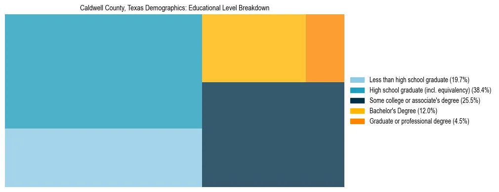 Treemap chart illustrating the educational attainment breakdown for population 25 years and over in Caldwell County, Texas.