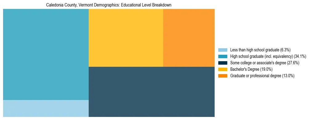 Treemap chart illustrating the educational attainment breakdown for population 25 years and over in Caledonia County, Vermont.