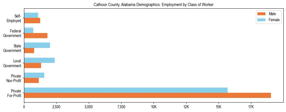 Horizontal bar chart showing employment distribution by class of worker and gender in Calhoun County, Alabama, based on 2023 ACS data.