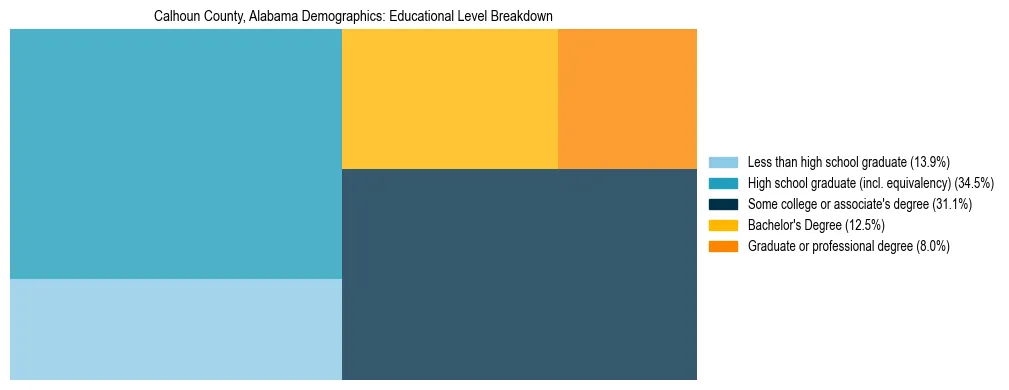 Treemap chart illustrating the educational attainment breakdown for population 25 years and over in Calhoun County, Alabama.