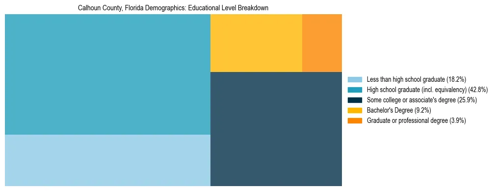 Treemap chart illustrating the educational attainment breakdown for population 25 years and over in Calhoun County, Florida.