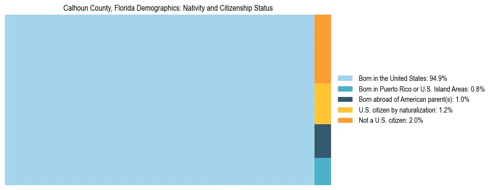 Treemap showing the population distribution by nativity and citizenship status in Calhoun County, Florida based on U.S. Census data.