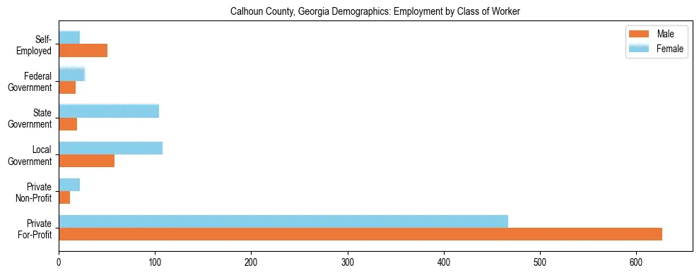 Horizontal bar chart showing employment distribution by class of worker and gender in Calhoun County, Georgia, based on 2023 ACS data.