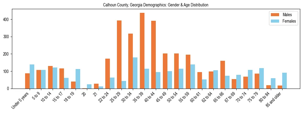 Bar chart showing the population distribution of Calhoun County, Georgia by age group and gender, based on 2023 ACS data.