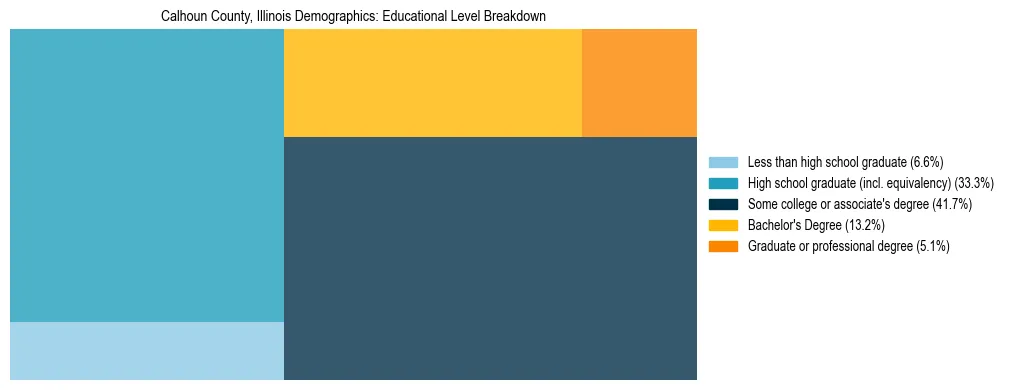 Treemap chart illustrating the educational attainment breakdown for population 25 years and over in Calhoun County, Illinois.