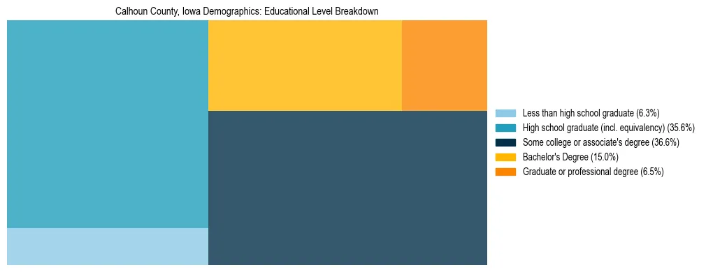 Treemap chart illustrating the educational attainment breakdown for population 25 years and over in Calhoun County, Iowa.