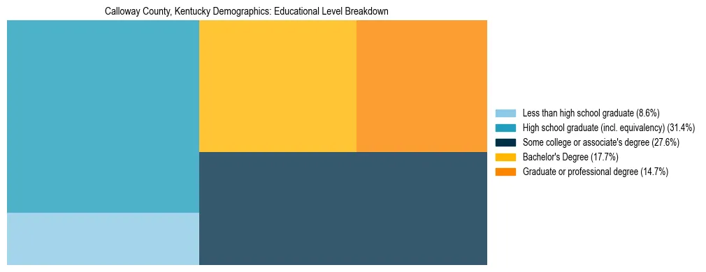 Treemap chart illustrating the educational attainment breakdown for population 25 years and over in Calloway County, Kentucky.