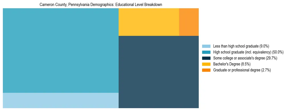 Treemap chart illustrating the educational attainment breakdown for population 25 years and over in Cameron County, Pennsylvania.