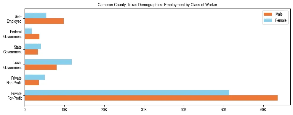 Horizontal bar chart showing employment distribution by class of worker and gender in Cameron County, Texas, based on 2023 ACS data.