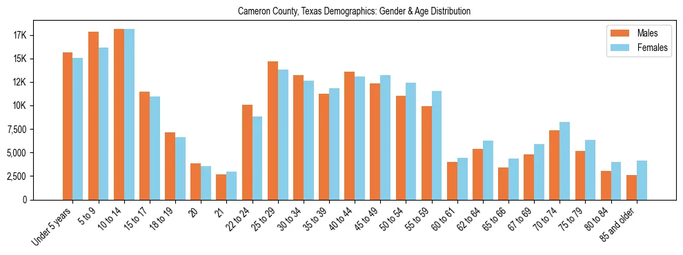 Bar chart showing the population distribution of Cameron County, Texas by age group and gender, based on 2023 ACS data.