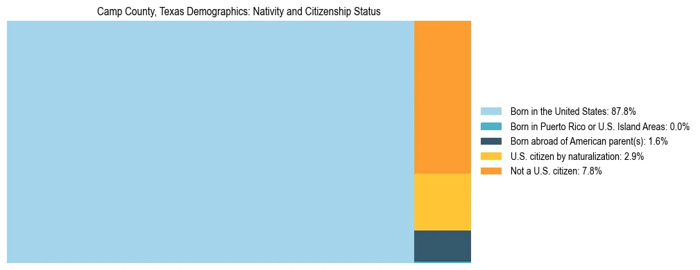 Treemap showing the population distribution by nativity and citizenship status in Camp County, Texas based on U.S. Census data.