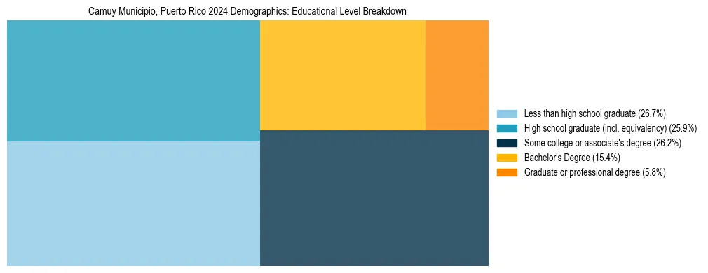 Treemap chart illustrating the educational attainment breakdown for population 25 years and over in Camuy Municipio, Puerto Rico.
