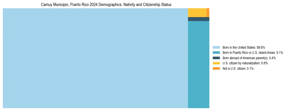 Treemap showing the population distribution by nativity and citizenship status in Camuy Municipio, Puerto Rico based on U.S. Census data.